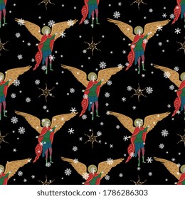 Seamless pattern with medieval angels and snowflakes. Christmas motif.