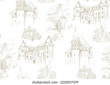 Seamless pattern of medieval castles and houses.  In style Toile de Jou. Suitable for fabric, wrapping paper and the like