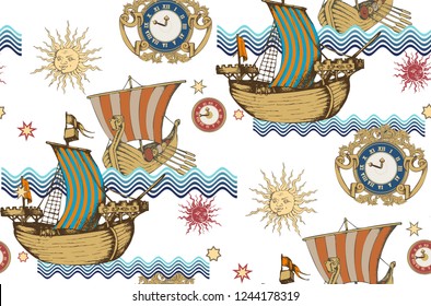 Seamless pattern. Medieval castles and ships. Vector illustration