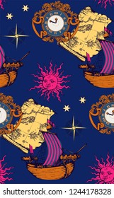Seamless pattern. Medieval castles and ships. Vector illustration