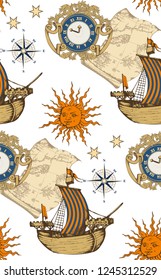 Seamless pattern. Medieval castles and ships. Vector illustration