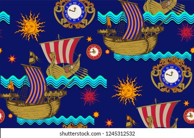 Seamless pattern. Medieval castles and ships. Vector illustration