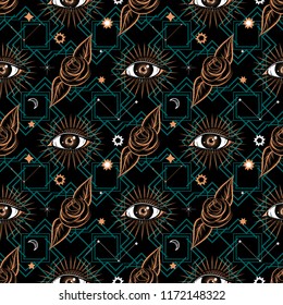 Seamless pattern in medieval celestial style with eye and roses. Bohemian, gypsy motifs.