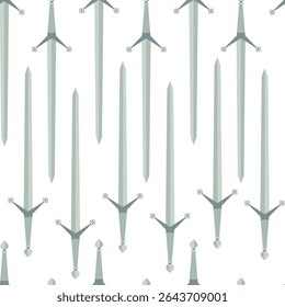 Seamless pattern of Medieval claymore  medieval swords with long straight blades and decorative crossguards. Hand drawn flat style illustration for textile in historical or fantasy theme