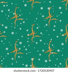 Seamless pattern with medieval dragons and snowflakes.