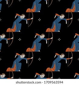 Seamless pattern with medieval female archers. Woman with bow. Illuminated manuscript motif.