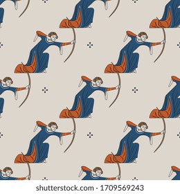 Seamless pattern with medieval female archers. Woman with bow. Illuminated manuscript motif.