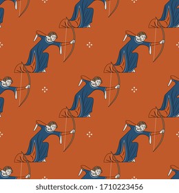 Seamless pattern with medieval female archers. Woman with bow. Illuminated manuscript motif.