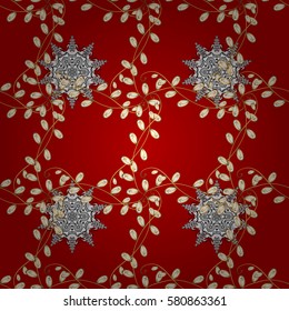 Seamless pattern medieval floral royal pattern. Decorative symmetry arabesque. Gold on red background. Good for greeting card for birthday, invitation or banner. Vector illustration.