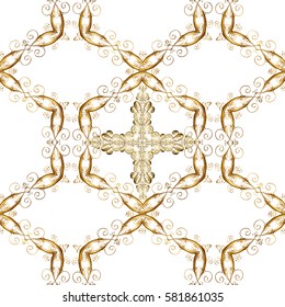 Seamless pattern medieval floral royal pattern. Gold on white background. Decorative symmetry arabesque. Vector illustration. Good for greeting card for birthday, invitation or banner.