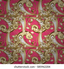 Seamless pattern medieval floral royal pattern. Good for greeting card for birthday, invitation or banner. Gold on pink background. Vector illustration. Decorative symmetry arabesque.