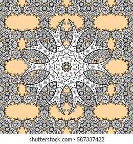 Seamless pattern medieval floral royal pattern. Decorative symmetry arabesque. White on beige background. Good for greeting card for birthday, invitation or banner. Vector illustration.
