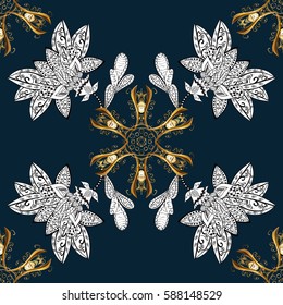 Seamless pattern medieval floral royal pattern. Vector illustration. Good for greeting card for birthday, invitation or banner. Gold on blue background. Decorative symmetry arabesque.