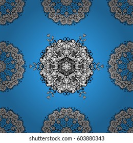 Seamless pattern medieval floral royal pattern. Vector illustration. Gold on blue background. Decorative symmetry arabesque. Good for greeting card for birthday, invitation or banner.