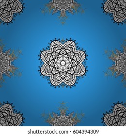 Seamless pattern medieval floral royal pattern. Gold on blue background. Decorative symmetry arabesque. Vector illustration. Good for greeting card for birthday, invitation or banner.