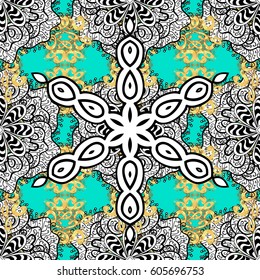 Seamless pattern medieval floral royal pattern. Gold on blue background. Good for greeting card for birthday, invitation or banner. Decorative symmetry arabesque. Vector illustration.