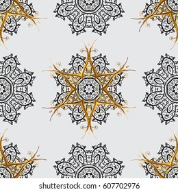 Seamless pattern medieval floral royal pattern. Decorative symmetry arabesque. Gold on gray background. Good for greeting card for birthday, invitation or banner. Vector illustration.