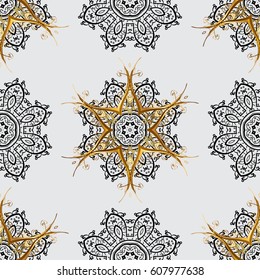 Seamless pattern medieval floral royal pattern. Decorative symmetry arabesque. Gold on gray background. Good for greeting card for birthday, invitation or banner. Vector illustration.