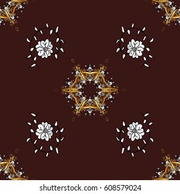 Seamless pattern medieval floral royal pattern. Decorative symmetry arabesque. Gold on brown background. Good for greeting card for birthday, invitation or banner. Vector illustration.