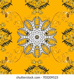 Seamless pattern medieval floral royal pattern. Good for greeting card for birthday, invitation or banner. Vector illustration. Decorative symmetry arabesque. Gold on yellow background.