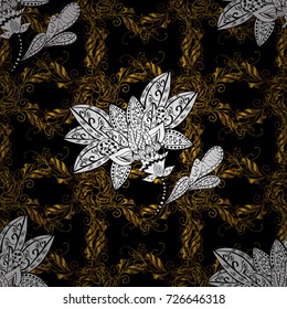 Seamless pattern medieval floral royal pattern. Vector illustration. Good for greeting card for birthday, invitation or banner. Gold on black, brown and white colors. Decorative symmetry arabesque.