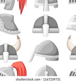 Seamless pattern. Medieval metal knight helmet collection. Silver colored armor. Warrior, knight, gothic , norman logo, emblem, symbol, sport mascot. Flat vector illustration on white background.