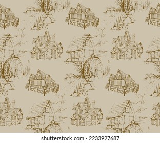 Seamless pattern of medieval mill and houses.  In style Toile de Jou. Suitable for fabric, wrapping paper and the like