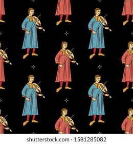 Seamless pattern with medieval musicians playing violin. 