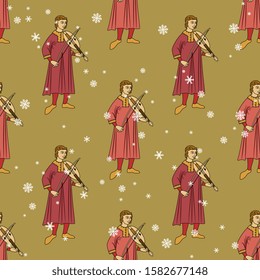 Seamless pattern with medieval musicians playing violin under snowflakes.