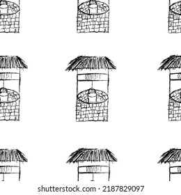 Seamless pattern of medieval rustic pit. Set of old stone well with thatched roof.