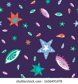 Seamless pattern in medieval sky style with eyes and stars on a white background. vector illustration of eps10. suitable for packaging, fabric background for a website or poster. Blue, pink and blue