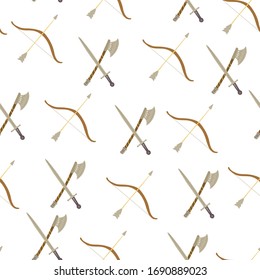 Patrón sin inconvenientes con una espada medieval, un hacha de batalla, un arco y una flecha sobre fondo blanco. Ilustración dibujada a mano por vectores. Diseño plano. Grandes telas para niños, papeles para envolver, papeles pintados, cubiertas.