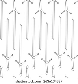 Seamless pattern of medieval swords with long straight blades and decorative crossguards. Hand drawn black outline style perfect for fabric, textile, coloring book with a historical or fantasy theme