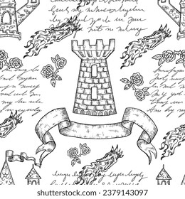 Seamless pattern with medieval tower, banner, dragon and hand written text. Vintage hand drawn background. No foreign language, only fantasy symbols