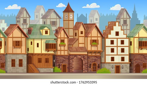 Seamless pattern of medieval town. Old city street with chalet style houses. Vector illustration in cartoon style.