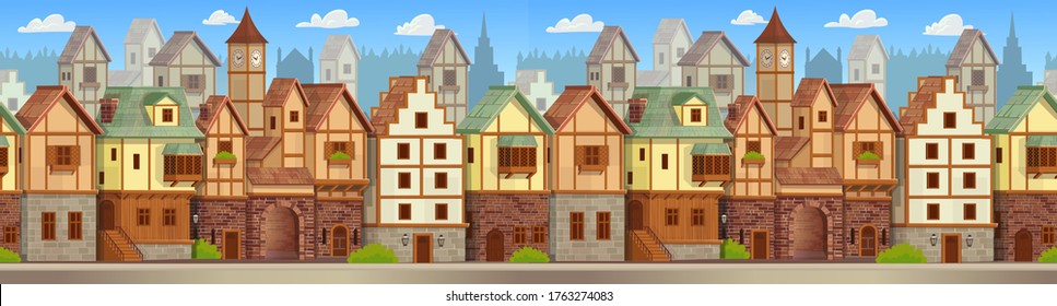 Seamless pattern of medieval town. Old city street with chalet style houses. Vector illustration in cartoon style.