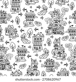 Padrão contínuo com uma aldeia medieval. Fundo com casas de rabiscar e árvores. Desenho de linha. Monocromático. Mapa da cidade.