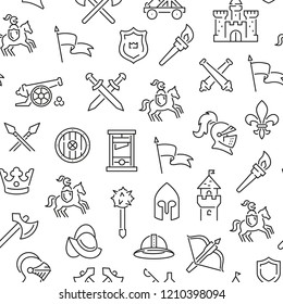 Seamless pattern with medieval weapons. Black and white thin line icons