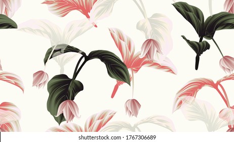 Seamless pattern, Medinilla magnifica flowers with leaves on light grey background, green, red and white tones