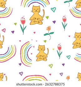Seamless pattern with meditating cat, rainbow, flowers and hearts on transparent background – fun and relaxing vector for stickers, kids' products, and textile design