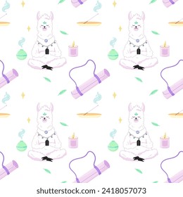 Seamless pattern of meditating llama with mat, aromateriapia. For your fabric or design
 