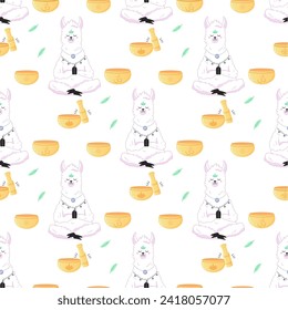 Seamless pattern of meditating llama with mat, aromateriapia. For your fabric or design
 