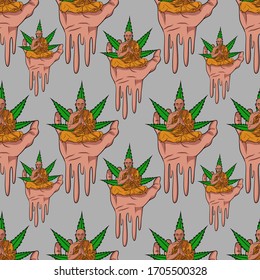 A seamless pattern of a meditating monk sitting on a giant melting hand backed by marijuana leaves. Surreal psychedelic vector illustration background combining spiritual and cannabis themes.