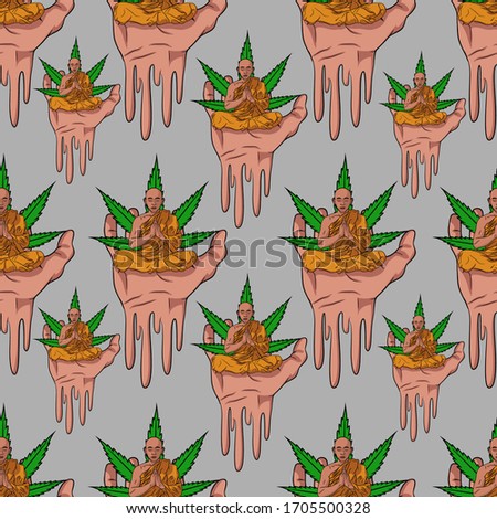 A seamless pattern of a meditating monk sitting on a giant melting hand backed by marijuana leaves. Surreal psychedelic vector illustration background combining spiritual and cannabis themes.