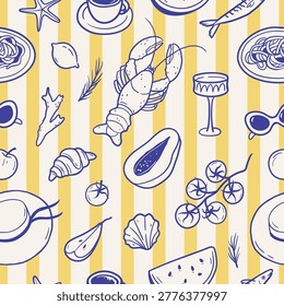 Seamless pattern with Mediterranean dishes, seafood, fruits and summer accessories on a striped background. La dolce vita. Hand drawn vector illustration.