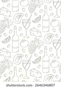 Seamless pattern with mediterranean elements drawn in doodle style. Background with italian food and drinks.