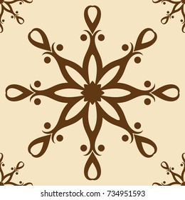 Seamless pattern in Mediterranean floral style. Indian ornament. Vector illustration for tile, backdrop, wallpaper, textile. Snowflake winter motive.