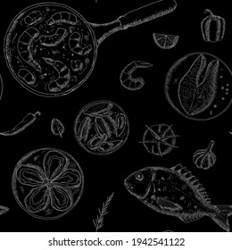 Seamless pattern of mediterranean food. Vector background. Hand-drawn style.