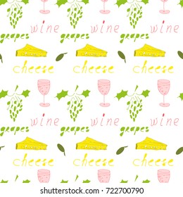 Seamless pattern with Mediterranean meal -  glass of wine with cheese and grapes. Vector illustration with cartoon image can be used in the design of textiles, postcards, posters, dishes.
