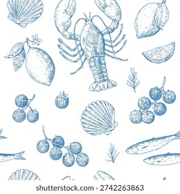 Seamless pattern with Mediterranean seafood in retro sketchy style. Italian coastal hand drawn monochrome illustration.